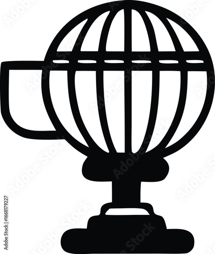 Stylized globe icon with latitude and longitude lines on a sturdy base symbolizing global reach exploration and knowledge