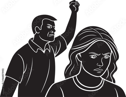 Vector Silhouette of Domestic Violence Concept with Woman Defending Against Aggressor
