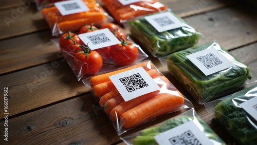 Neatly arranged packaged food portions with visible QR codes on wooden surface for traceability and product information. Generative AI.