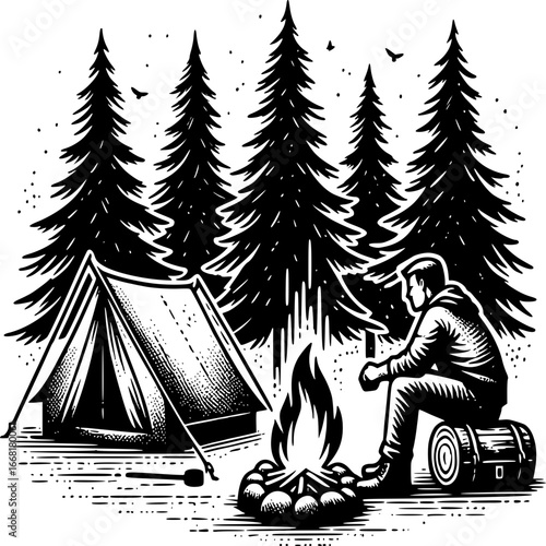Campfire Solitude: Silhouette of a person enjoying a serene campfire at the edge of a coniferous forest, a tent nearby. Experience the peace of the wilderness.