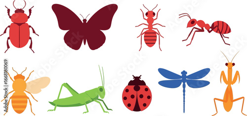 A vibrant collection of colorful insects including a butterfly, beetle, ants, ladybug, dragonfly, bee, grasshopper, and praying mantis.