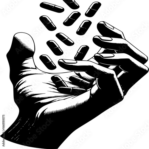 The Cure in hand: A grayscale illustration captures a hand elegantly tossing medicine capsules into the air. A unique representation of health, cure and the power of medical science.