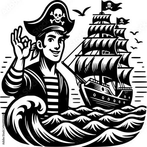 Seafaring Buccaneer's Approval: A confident buccaneer in a classic pirate attire and tri-cornered hat, standing before his sailing vessel. He is giving approval to his crew and voyage through a wave.