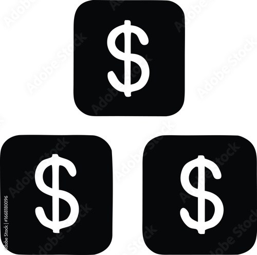 Three square black icons featuring a white dollar sign symbol representing finance currency money and transactions
