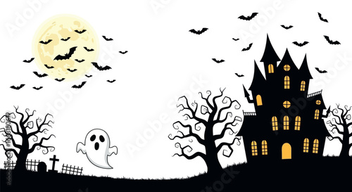 Spooky Halloween night with a haunted house, flying bats, and a friendly ghost under a full moon.