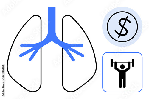 Lungs with respiratory branches, dollar sign in a circle, and a weightlifting icon. Ideal for healthcare, fitness, wellness, productivity, financial investment, lifestyle balance simple flat