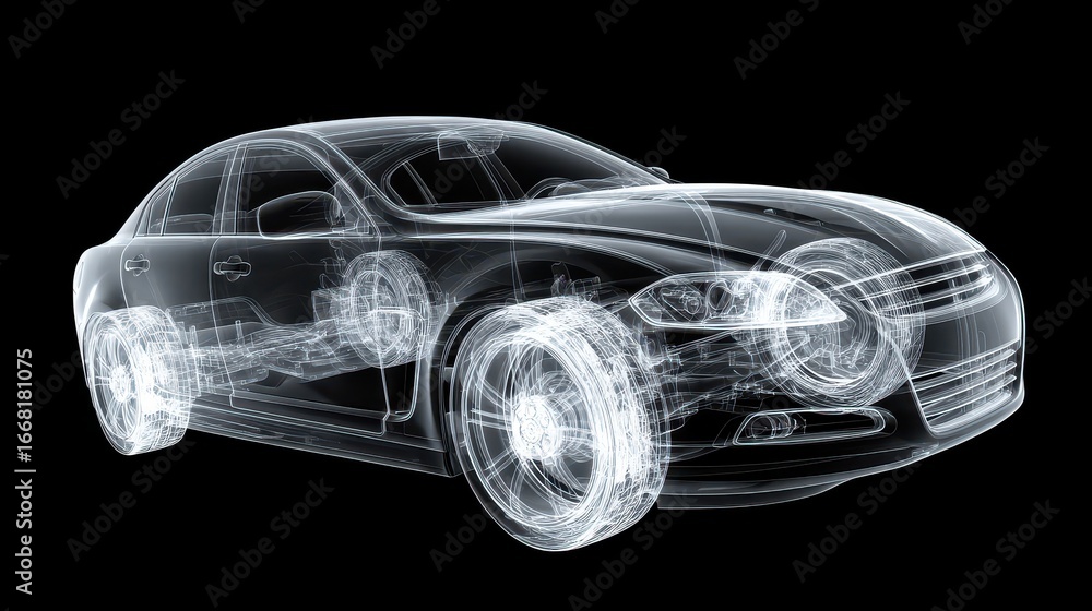 Fototapeta premium Car Xray. Automotive Design Concept with X-ray Illustration on Isolated Black Background