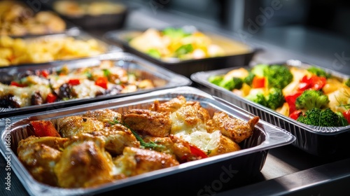 Wallpaper Mural Catering Covid-19. Food Delivery Service for Dinner with Chicken, Vegetables, and Cheese in Airline Style Containers Torontodigital.ca