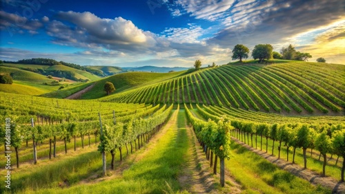Wallpaper Mural Serene Vineyard Landscape Rolling Hills, Lush Green Vines, and a Golden Sunset Torontodigital.ca