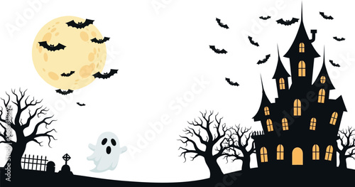 Spooky haunted house with ghost and bats under a full moon on Halloween night