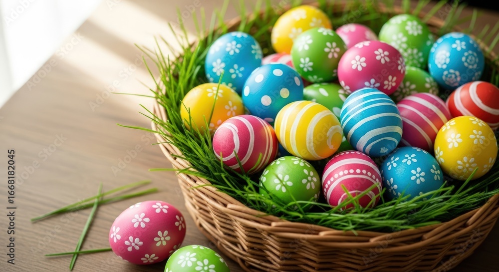 Fototapeta premium Vibrant Easter eggs nestled in grass create a festive spring holiday atmosphere
