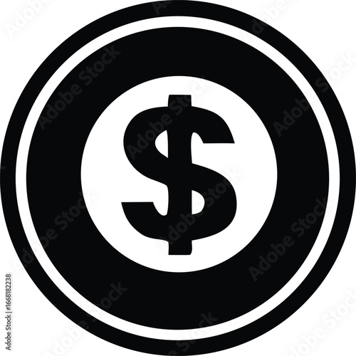 Stylized black and white dollar sign coin icon symbolizing currency financial wealth and economic business investment opportunities