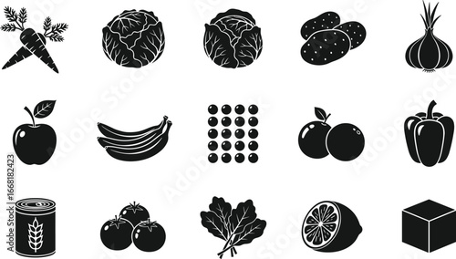 Silhouette fruits and vegetables, carrot, cabbage, potato, onion, apple, banana, citrus, tomato, leafy greens, tofu, black vector icons, food illustration, stock art