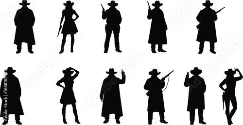 Silhouette cowboys and cowgirls in various poses, western clothing, guns and rifles, black vector icons, wild west characters, frontier culture illustration