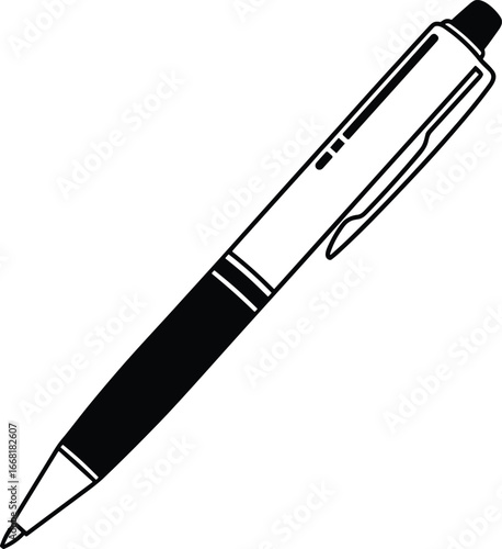 Silhouette ballpoint pen, retractable click pen, writing instrument, black vector icon, stationery, office supply, minimal design, drawing tool, stock art illustration