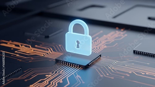 Blue padlock symbol on a computer chip and circuit board