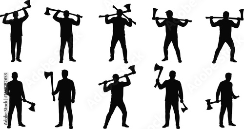 Silhouette people holding axes in various poses, weapon stance, black vector icons, dynamic human figures, combat concept, character design, posture illustration