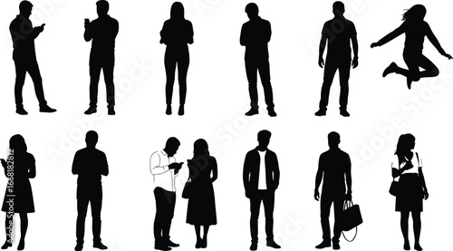 Silhouette people poses, standing, walking, using phone, shopping, casual activities, vector illustration, black figures, human posture, lifestyle actions, minimal design, stock art