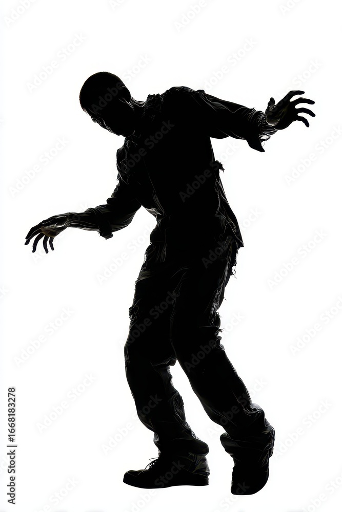 Fototapeta premium Zombie Dance. Silhouette of Man Dancing Hip Hop Funk Isolated on White Background