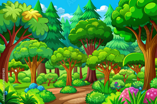 Green nature full of diverse trees, untouched forest, bright sky, relaxing atmosphere for design, suitable background image, inspiring natural environment and eye-catching landscape for artistic and c