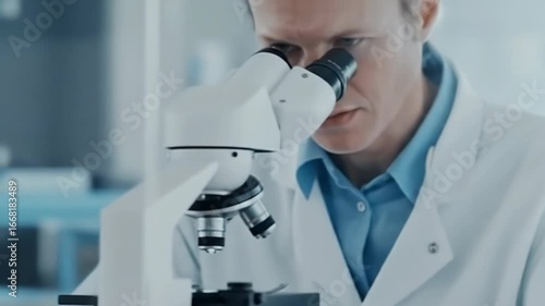 Close-up of scientist in lab coat using a microscope, wearing light blue gloves, focused intently on the eyepiece