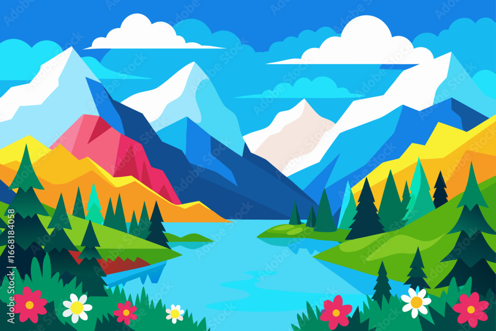 Fototapeta premium Vibrant geometric mountain landscape with lake and flowers