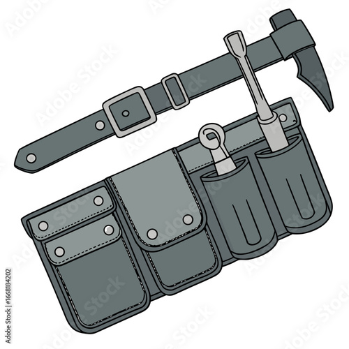 A gray tool belt with multiple pouches holding wrenches and a hammer is displayed against a white background