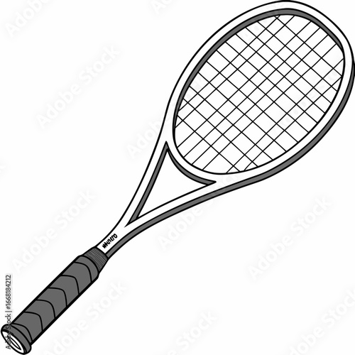A simple black and white illustration of a modern tennis racket isolated on a white background