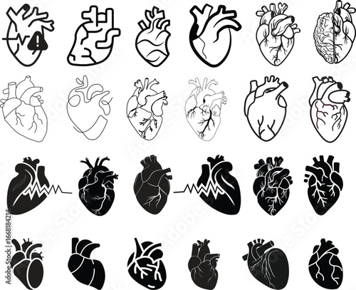 Anatomical heart icon set.Human anatomy internal organ set with brain lung intestine heart kidney liver and stomatch.Healthy Cardiovascular Organ Symbol Collection on White Background and red.