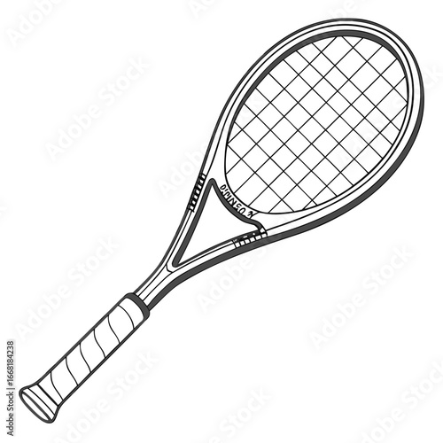 A simple black and white line drawing of a tennis racket with a white background
