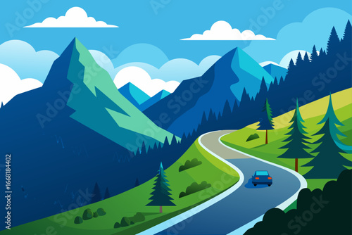 Scenic mountain road trip with a car driving through a vibrant landscape