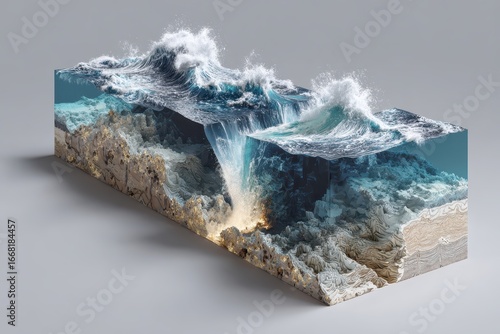 Abstract Ocean Block: Waves Crashing on Coastal Cliffs, 3D Render