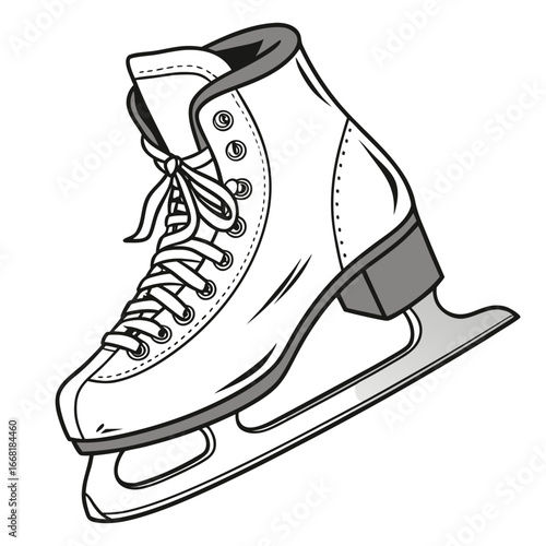 Classic black and white illustration of a single figure ice skate with laces and a sharp blade