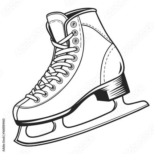Classic black and white illustration of a single figure ice skate with laces and blade