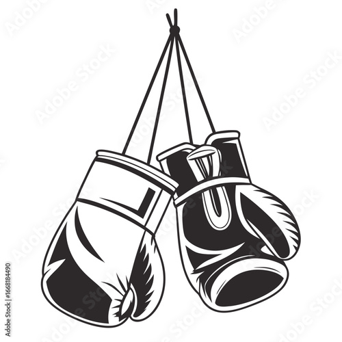 Classic black and white illustration of boxing gloves hanging on a string