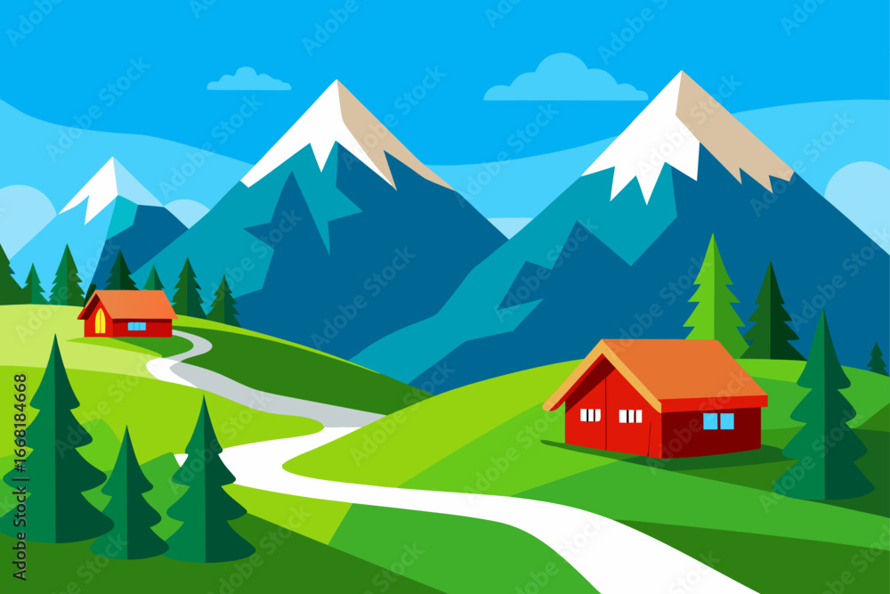 Fototapeta premium Cozy cabins nestled in a mountain landscape