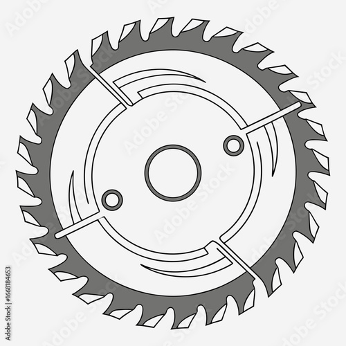 Close up of a circular saw blade with sharp teeth and a central bore for mounting