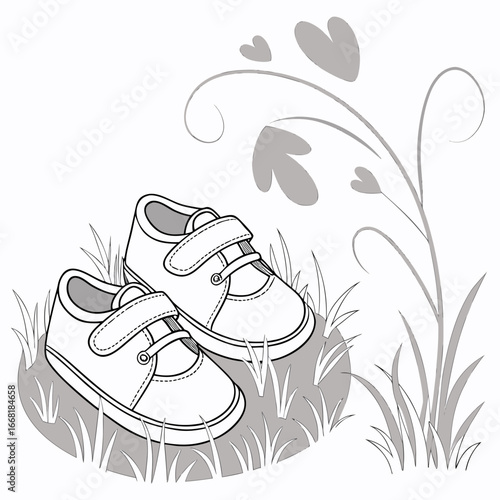 Cute baby shoes with velcro straps resting on grass with decorative hearts and vines