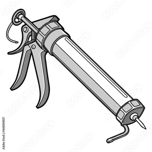 Illustration of a gray caulking gun tool with a trigger and a tube for sealant on a white background