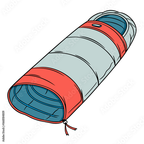 Illustration of a light gray and coral camping sleeping bag with a blue interior on a white background