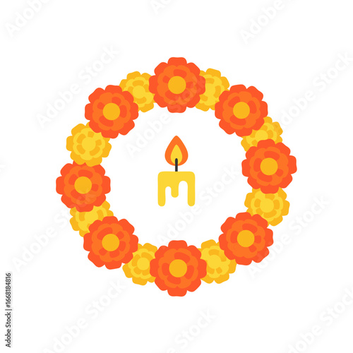 Floral wreath of orange marigolds with central candle for Day of the Dead altar