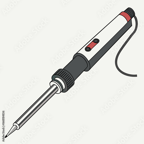Illustration of a modern electric soldering iron with a pointed tip and red accents on a light background