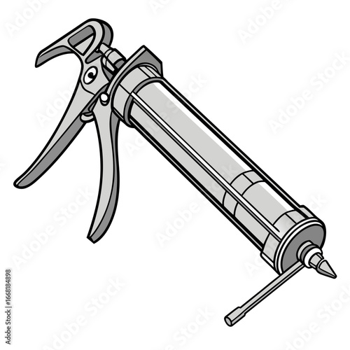 Illustration of a silver caulking gun with a trigger and nozzle on a white background