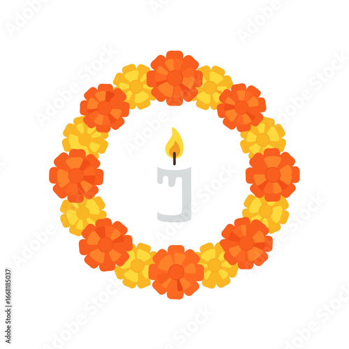 Marigold wreath with burning candle for Dia de los Muertos altar and offering