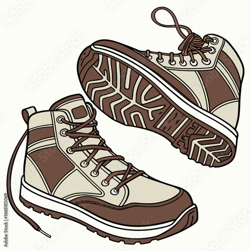 Pair of brown and beige hiking boots with laces shown from different angles on a white background