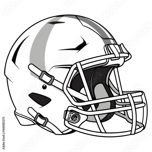 Stylized black and white american football helmet with facemask and chin strap