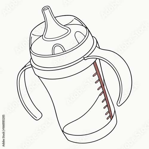 Simple outline drawing of a baby sippy cup with handles and measurement markings