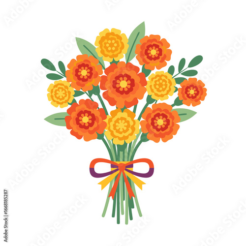 Floral bouquet of orange marigolds with ribbon for Day of the Dead tribute offering