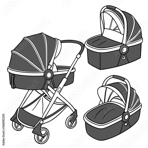 Stylish baby carriage with bassinet and separate bassinet attachments for infants