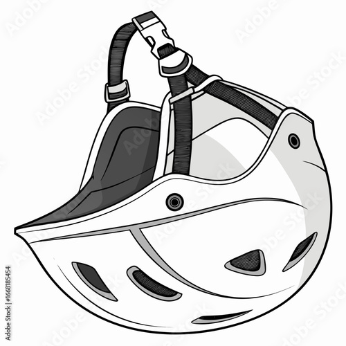 White and grey mountain bike helmet with black straps and buckle on a white background